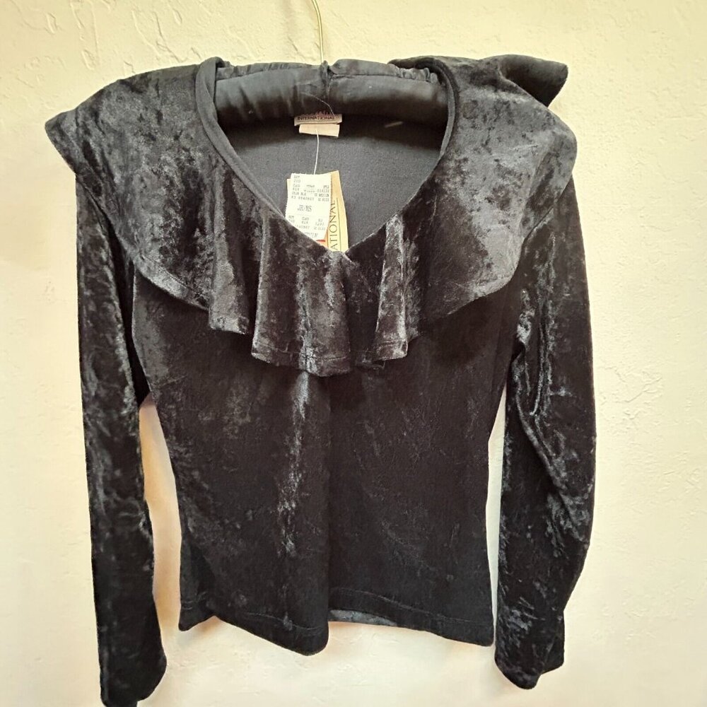 Stefano International Womens Velvet Top Ruffle Neck Blouse Black Medium New